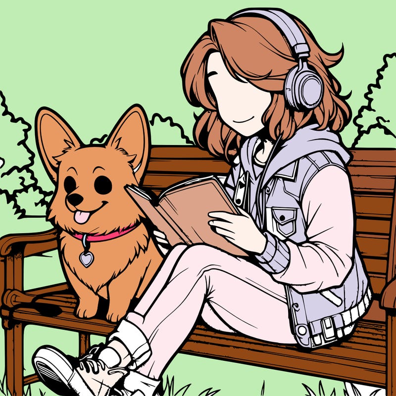 a girl sitting on a bench with a notebook studying with headphones on listening to lo-fi on a sunny day with her pet corgi next to her