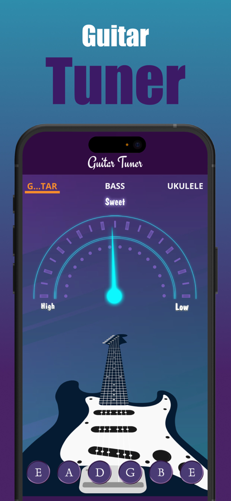 Smartphone screen showing a digital guitar tuner interface with a tuning needle and instrument options for bass and ukulele.