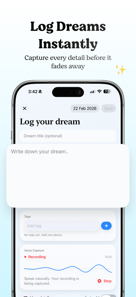 MILD Trainer: Lucid Dreaming - MILD Trainer app screen showing the dream journal interface with options for text entry and voice recording capture.