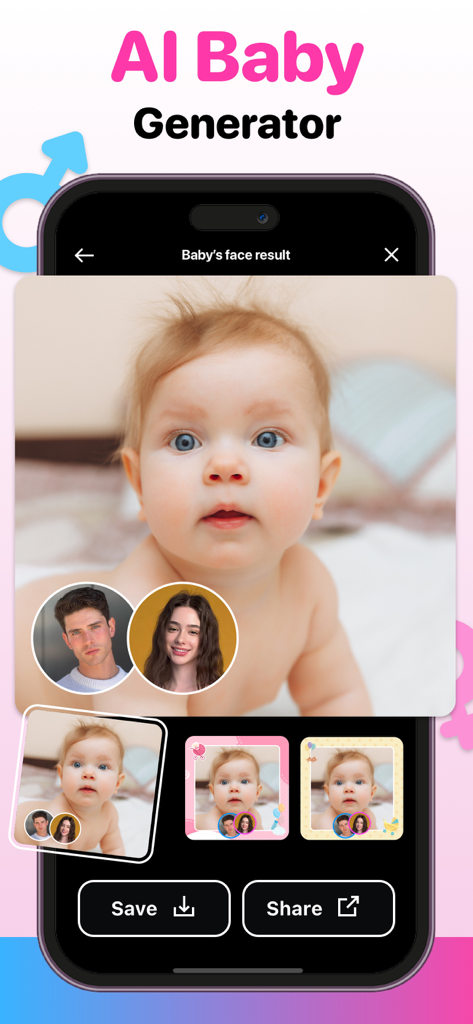 Mobile app interface showing an AI generated baby face result based on photos of two parents