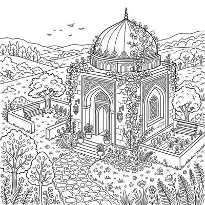 Discover a unique blend of spiritual tranquility and rustic charm with this enchanting Sufi Shrine Cottagecore coloring page. Delicate lines and lush natural elements invite you to explore a world of peaceful creativity.
