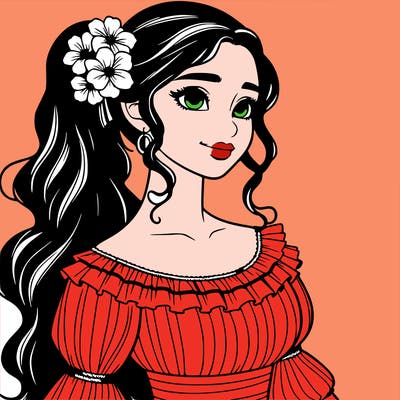 a single latina woman with a side ponytail and a long dress with ruffles. she has a few discreet flowers in her hair. realistic