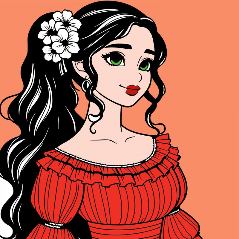 a single latina woman with a side ponytail and a long dress with ruffles. she has a few discreet flowers in her hair. realistic