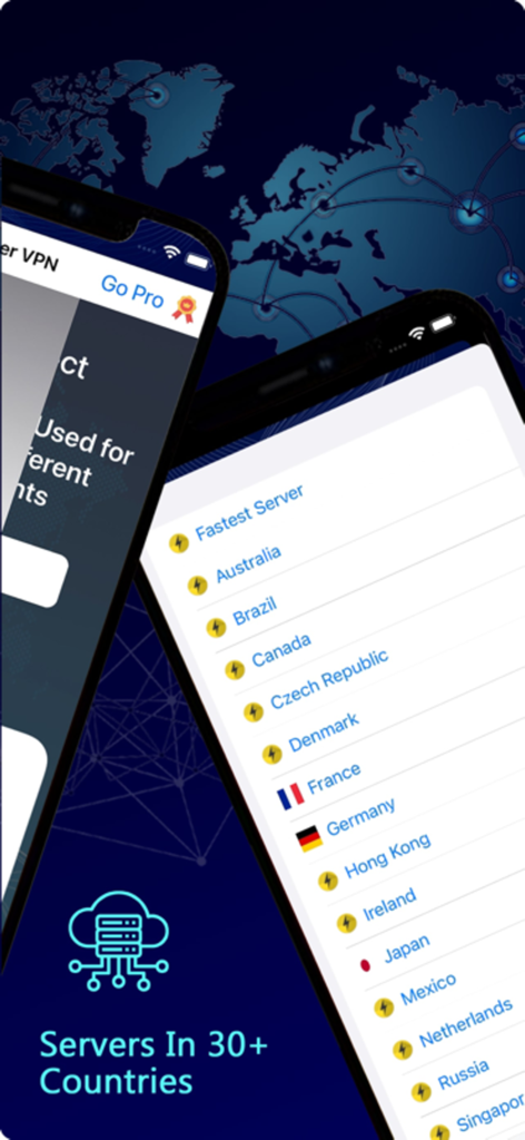 Power VPN : Secure VPN Proxy - Interfaz de la aplicación Power VPN mostrando una lista de ubicaciones de servidores globales en más de 30 países.