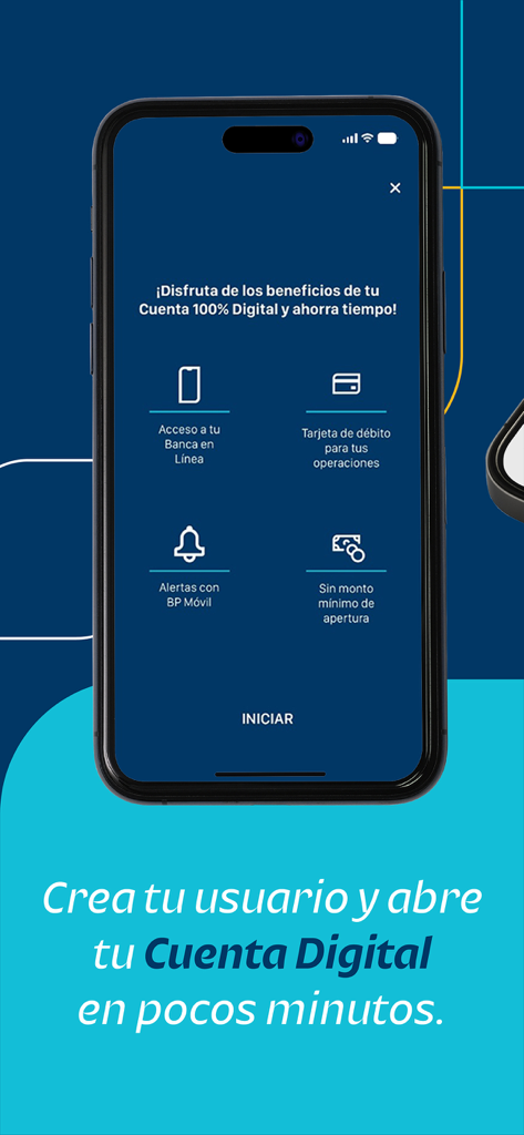 Tela de integração do aplicativo Banpais mostrando benefícios de uma conta bancária 100% digital, incluindo banco on-line e sem valor mínimo de abertura.