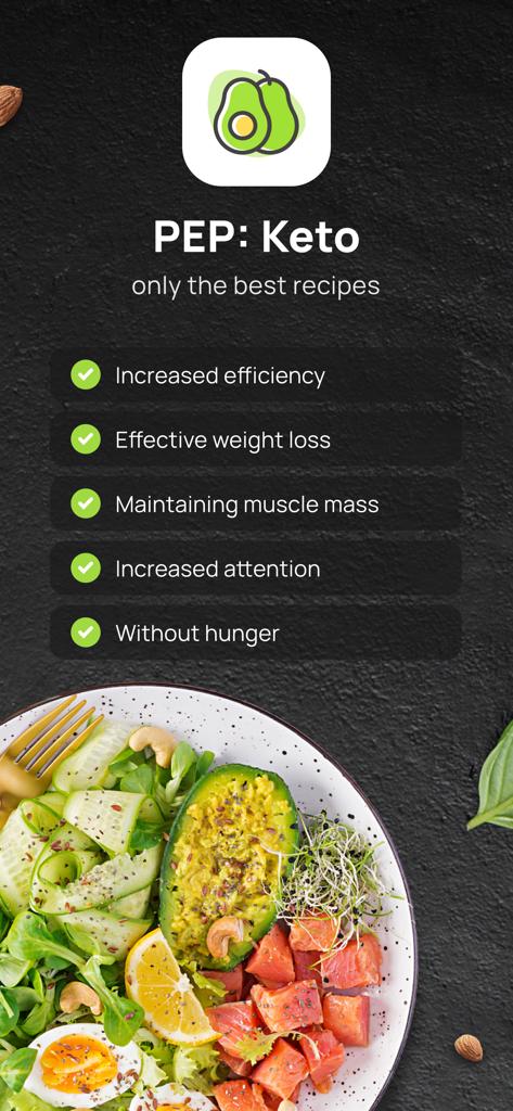 PEP: Keto - Diet plan tracker - Pantalla de la aplicación PEP Keto que muestra beneficios de pérdida de peso y un tazón de comida keto saludable