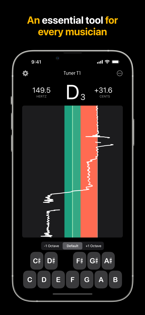 Tuner T1 app interface displaying precise pitch detection for note D3 with a frequency graph and note keyboard