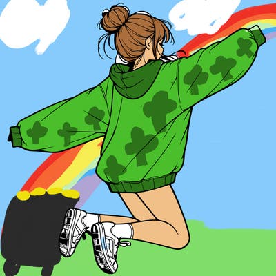 realistic girl jumping with a bun and oversized sweatshirt