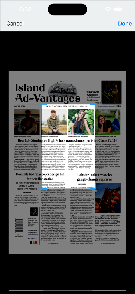 Island Ad-Vantages - Digital front page of the Island Ad-Vantages newspaper app featuring local news from Stonington and Deer Isle.