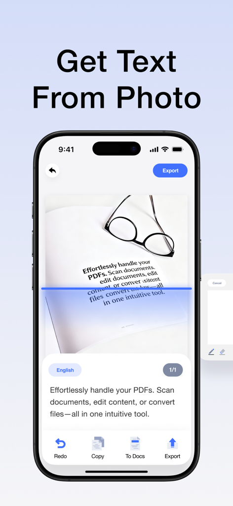 A smartphone interface showing the OCR feature extracting text from a document photo with a blue scanning line.