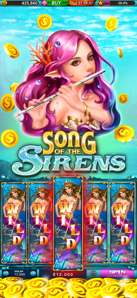 Pantalla del juego de tragamonedas Song of the Sirens con temática de sirena con comodines en todo el rodillo y monedas de oro