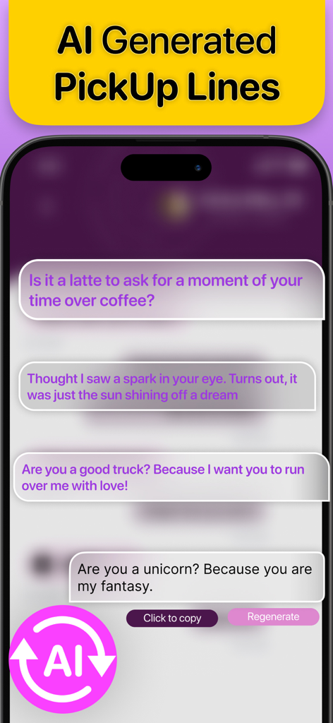 Latina Dating : Chat & Meet - Interface of the Latina Dating app showing AI generated pickup lines and conversation starters.