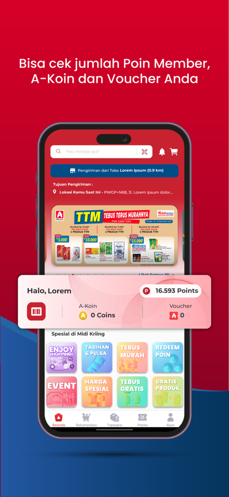 Home screen of the Midi Kriing app featuring user loyalty points and grocery shopping categories.