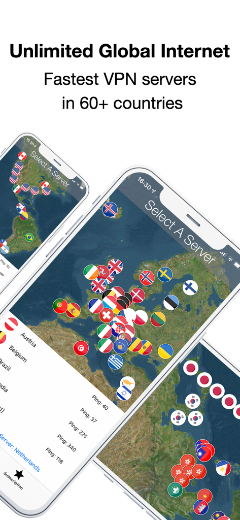 UK VPN: Fast & Secure Internet - Interfaz de la aplicación UK VPN mostrando un mapa del mundo con ubicaciones de servidores globales y tiempos de ping