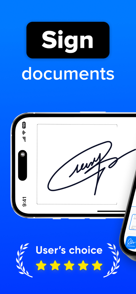 Smartphone screen displaying a digital signature in the eSigner app with a five star rating