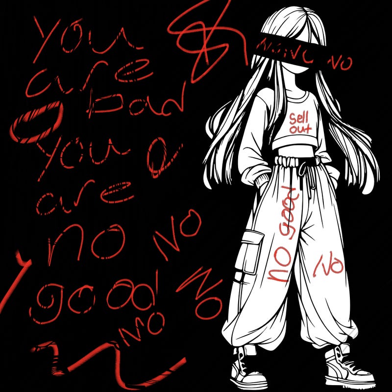 realistic girl with long hair and baggy pants