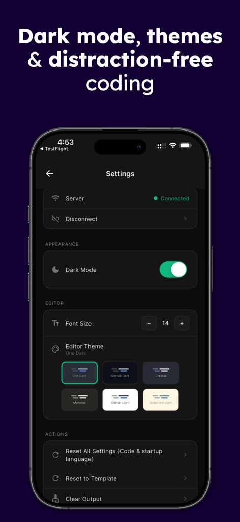Screenshot of OnlineGDB mobile app settings showing dark mode toggle and various editor themes like Dracula and Monokai