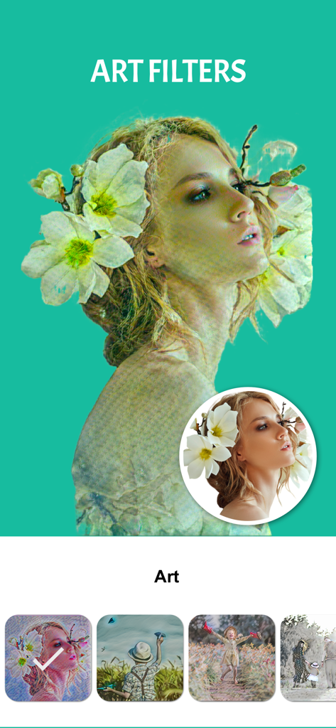 Cartoon face maker：Photo Art - 女性の写真に絵画的なアートフィルターと様々な芸術スタイルが表示されるインターフェイス