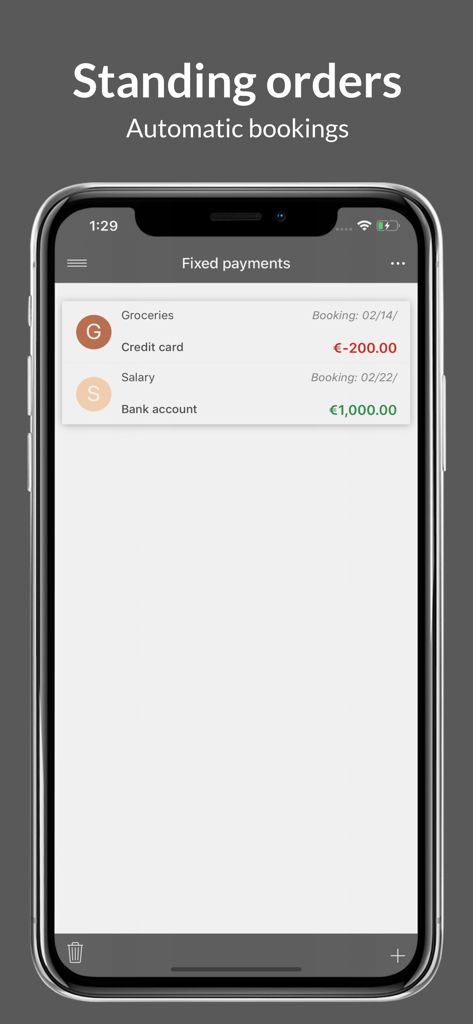 SayMoney - Budget & Expenses - Smartphone screen displaying fixed payments and automatic bookings in the SayMoney budget app