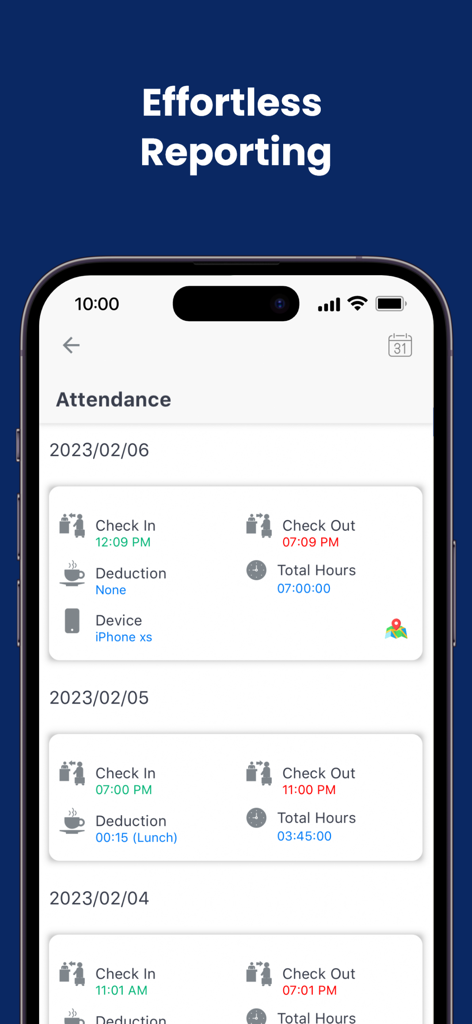 Time Tracker & Hours Tracker - Time Trackerアプリの出勤画面。毎日の勤務時間と出勤詳細を表示