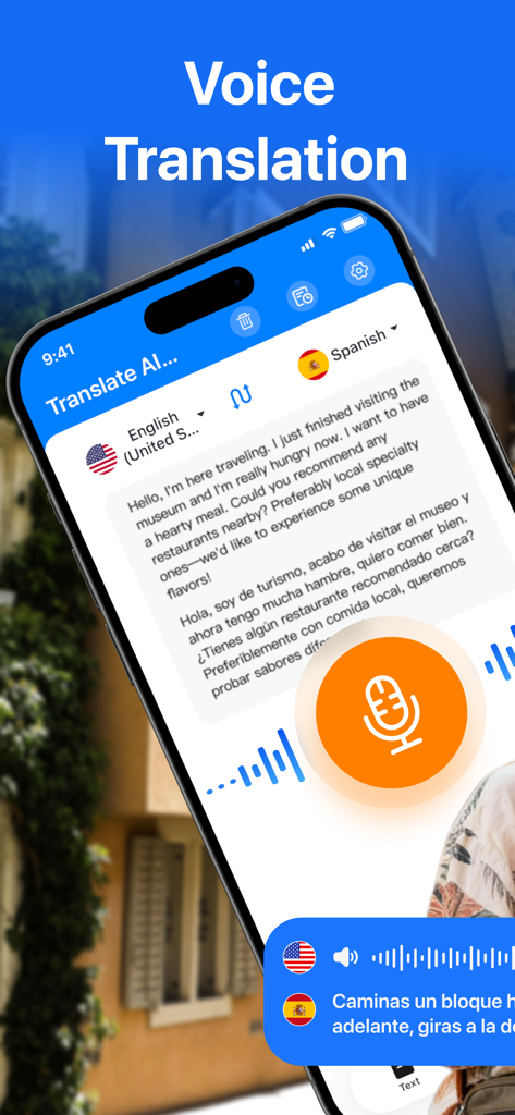 Smartphone interface of Translate Up app featuring real-time voice translation between English and Spanish