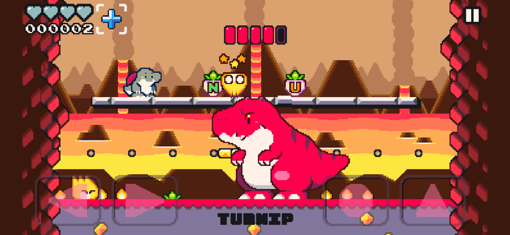 Dino Quake - Retro 16-bit arcade gameplay of Dino Quake featuring a boss fight against a large pink dinosaur in a volcanic level.