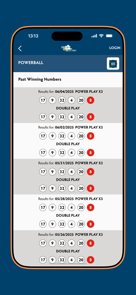 Mississippi Lottery Official - 미시시피 복권 공식 앱 화면으로 파워볼 과거 당첨 번호와 추첨 결과를 보여줍니다.
