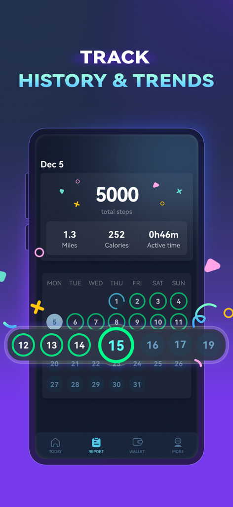 WiseLife: Step & Health - WiseLife app screenshot showing step history activity trends and a progress calendar