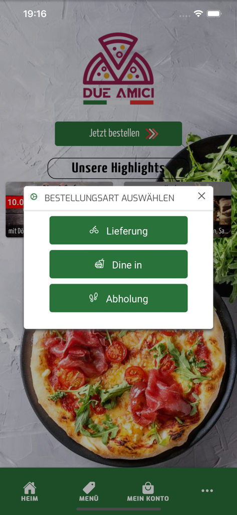배달, 매장 식사 또는 픽업 중에서 선택할 수 있는 팝업 메뉴가 있는 Due Amici Pizzeria 앱 홈 화면