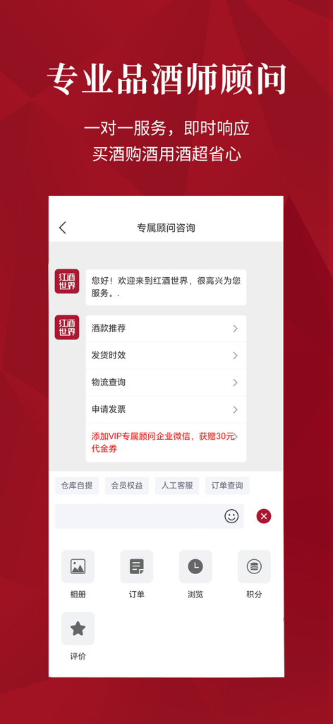 红酒世界—全球葡萄酒甄选 - Professional one on one sommelier advisory service in the Wine World app interface