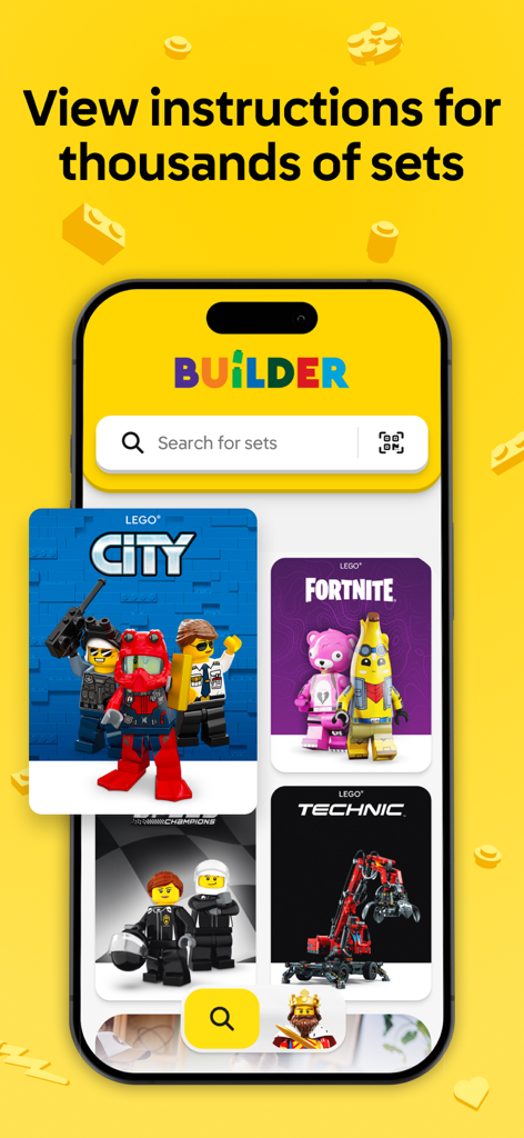 LEGO® Builder: 3D Instructions - Der Suchbildschirm der LEGO Builder App zeigt verschiedene LEGO Set-Kategorien an, darunter City und Technic.