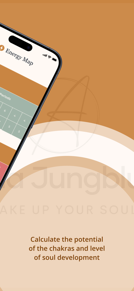 Adajungblut - A smartphone screen displaying the ChakraSoul app Energy Map feature for calculating chakra potential.