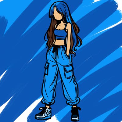 girl in baggy pants crop top and long hair