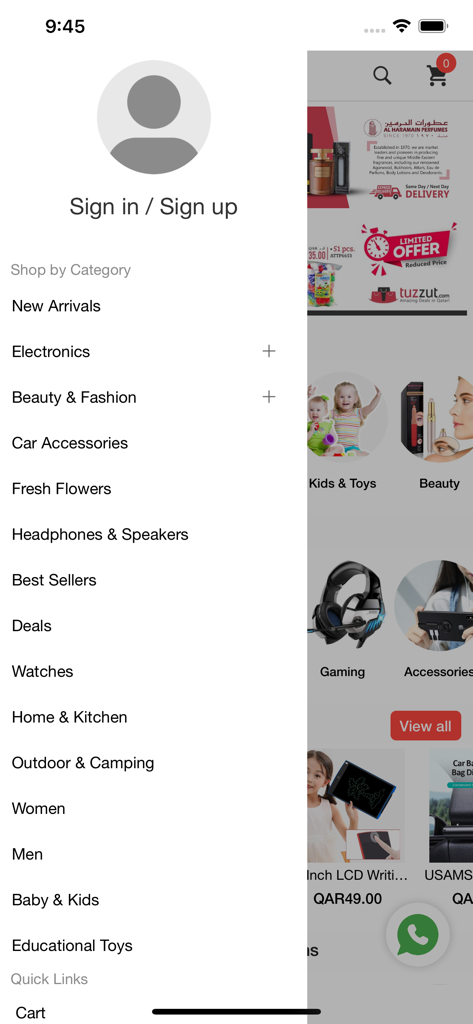 Tuzzut Qatar Online Shopping - Menú de navegación lateral de la aplicación de compras en línea Tuzzut Qatar con categorías de productos