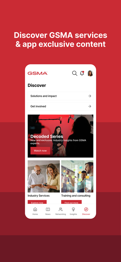 GSMA app Discover tab displaying exclusive industry content and professional services.