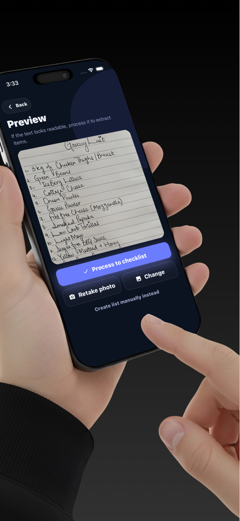 Simple AI Checklist ToDo List - An iPhone screen displaying the OCR feature of the Simple AI Checklist app converting a handwritten grocery list into a digital format.