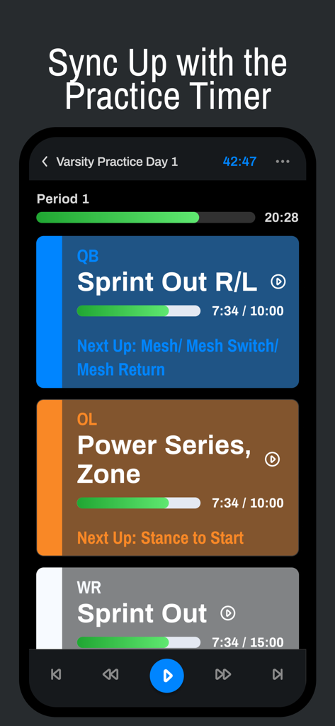 Interface do aplicativo RackCoach mostrando temporizadores de treino sincronizados para diferentes grupos de atletas durante uma sessão de treinamento da equipe principal