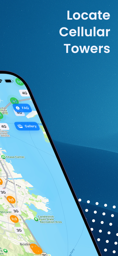 Cell Tower Locator Open Signal - Mobile app interface displaying a map with 3G and 4G cellular tower locations and signal icons