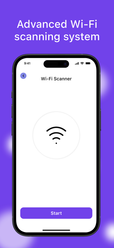 Captura de pantalla de la aplicación Detect Spyware que muestra la pantalla del sistema avanzado de escaneo Wi-Fi con un botón de inicio.