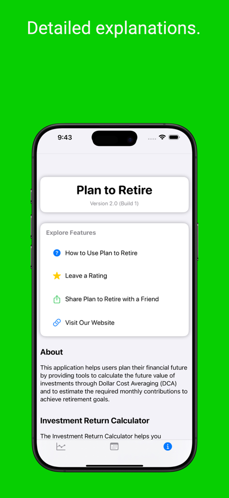 「リタイア計画」アプリの情報画面で、機能の探索や「アプリについて」セクションが表示されている。