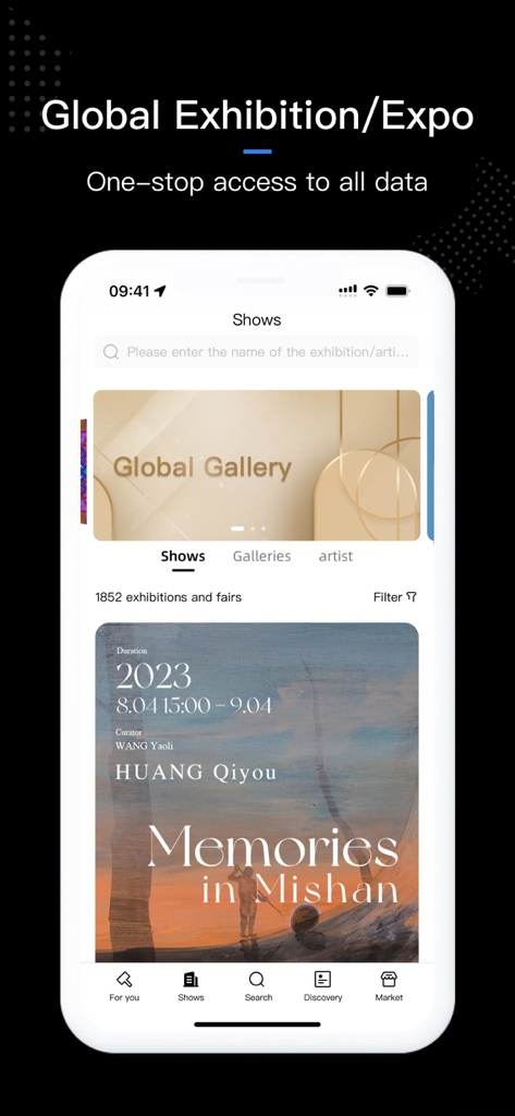 ArtPro mobile app interface showing global art exhibitions and gallery shows