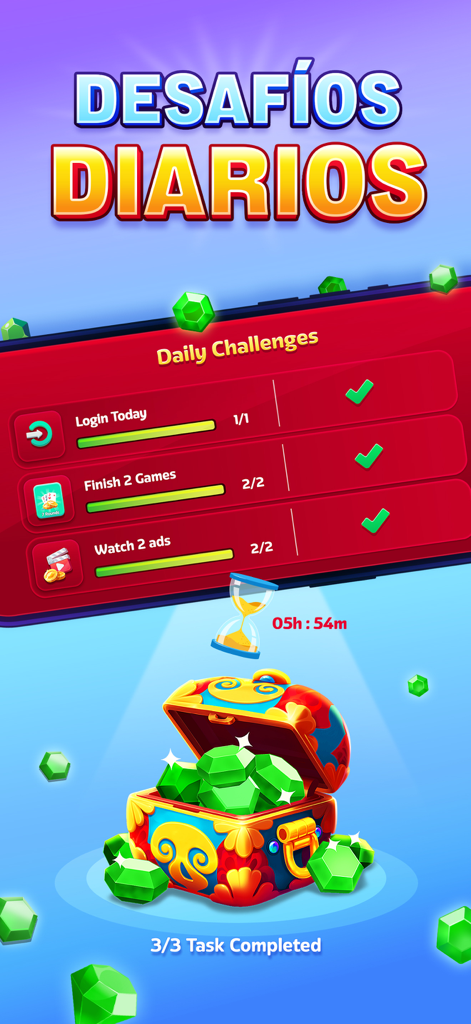 Cards CLUB (Carioca Club) - Schermata delle sfide giornaliere nell'app Cards CLUB che mostra i compiti completati e una ricompensa a forziere