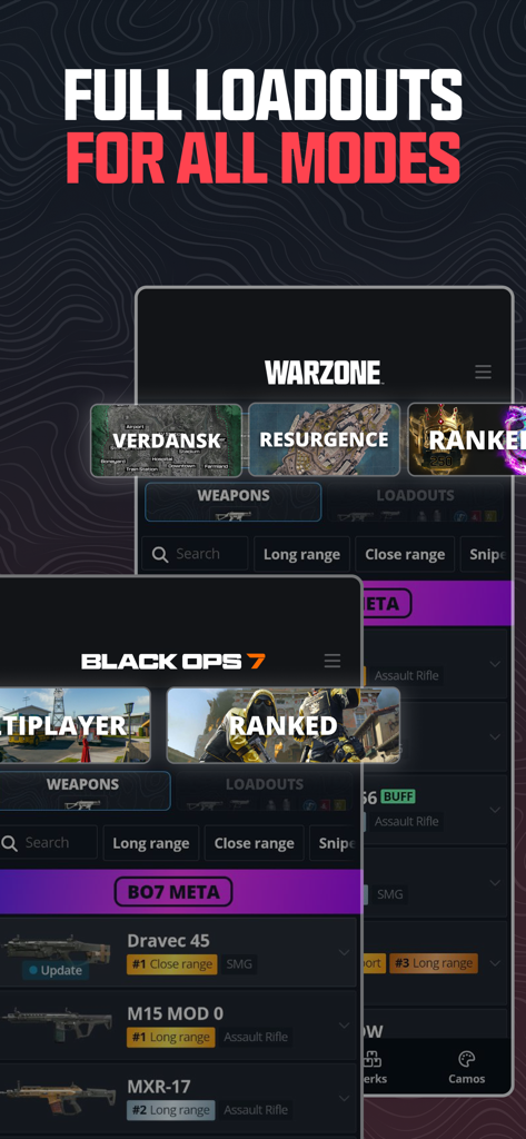 Warzone Meta & Loadout - BO7 - Warzone Meta and Loadout app interface showing weapon builds for game modes like Verdansk and Black Ops 7