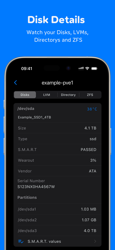 Interfaccia dell'app ProxMate che mostra i dettagli dei dischi del server inclusi lo stato di salute dell'SSD, la temperatura e le informazioni sulle partizioni