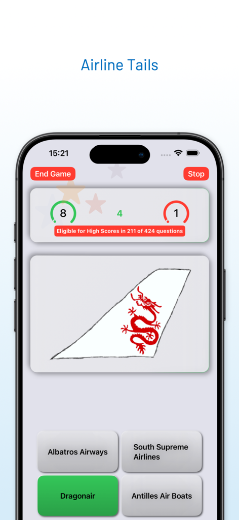 A screenshot of AirlineTrivia quiz game displaying a hand drawn Dragonair tail logo.