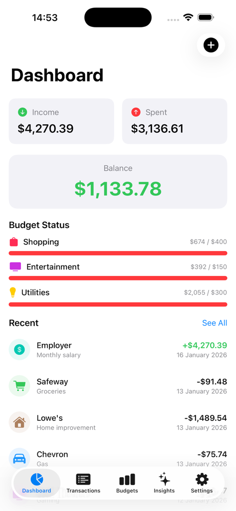 Tableau de bord de l'application Budget and Money Tracker AI montrant le revenu mensuel, les dépenses, le solde et les barres de progression du budget.