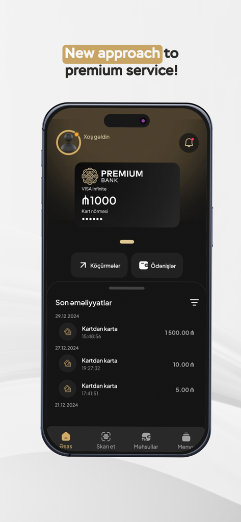 Interfaz móvil de Premium Bank que muestra el saldo de la cuenta y las transacciones recientes