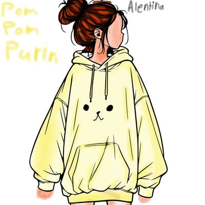 realistic girl with a oversized sweatshirt on and a bun