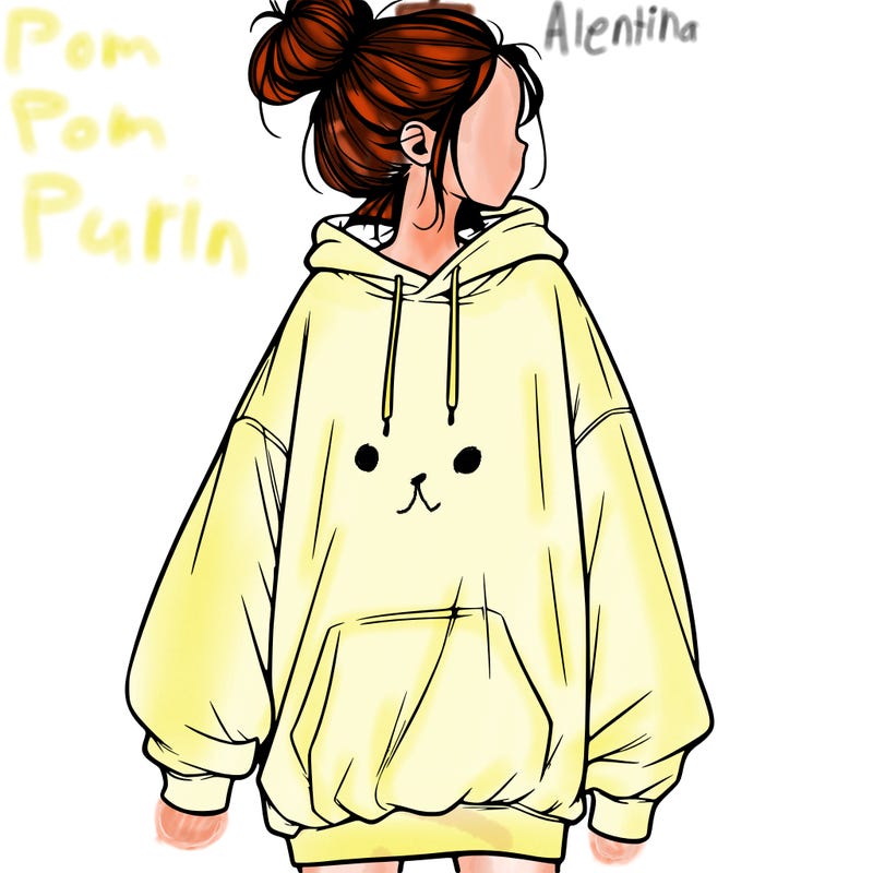 realistic girl with a oversized sweatshirt on and a bun