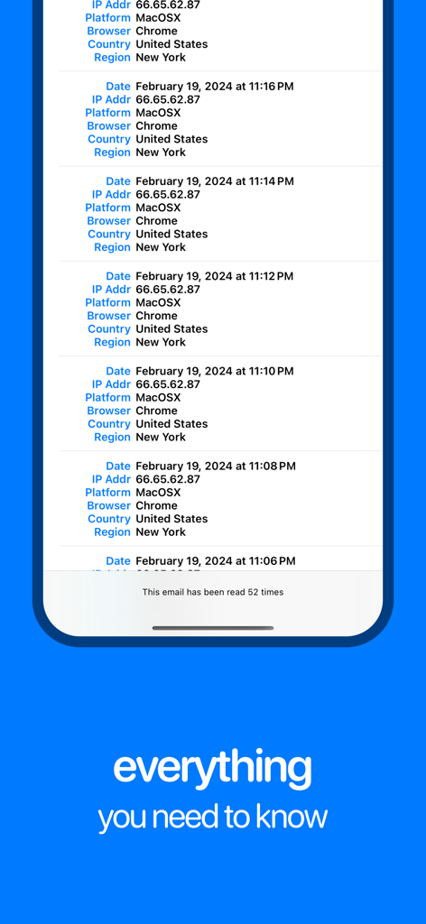 iTrackMail - Email Tracking - Captura de pantalla de iTrackMail mostrando una lista de aperturas de correos con detalles de ubicación y dispositivo